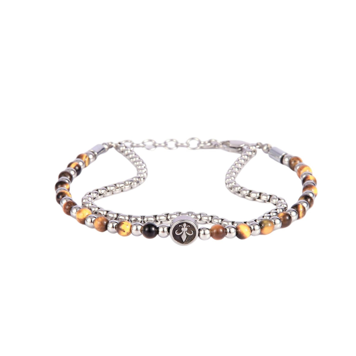 Stainless Steel Silver Tone Layered Bracelet with Cross Pendant