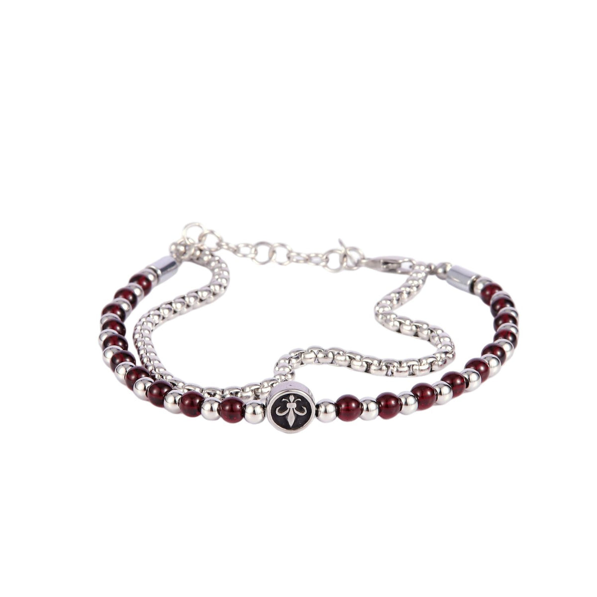 Stainless Steel Silver Tone Layered Bracelet with Cross Pendant