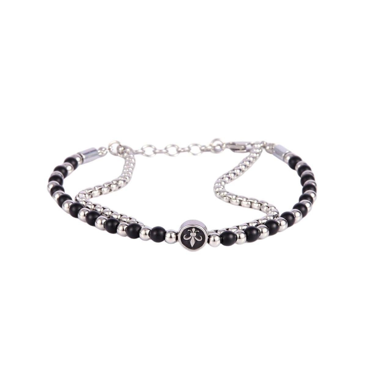 Stainless Steel Silver Tone Layered Bracelet with Cross Pendant