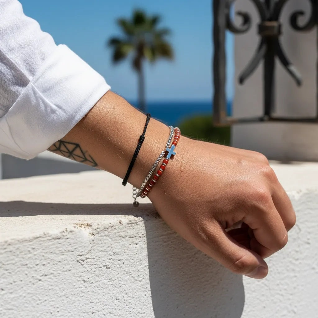 Stainless Steel Silver Tone Layered Popcorn Chain and Red Bead Bracelet with Cross