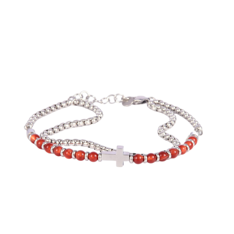 Stainless Steel Silver Tone Layered Popcorn Chain and Red Bead Bracelet with Cross