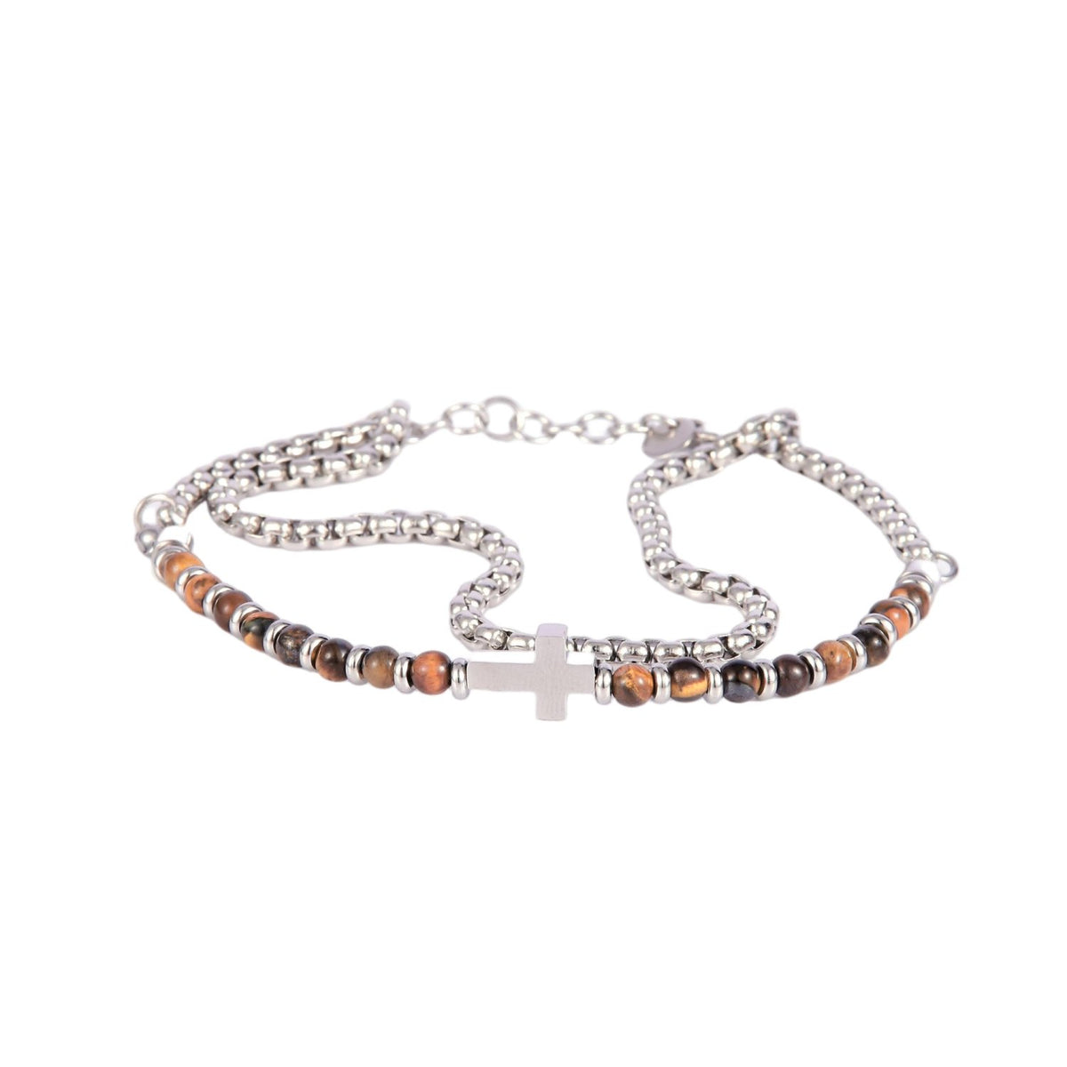 Stainless Steel Silver Tone Layered Bracelet with Cross and Stone Beads