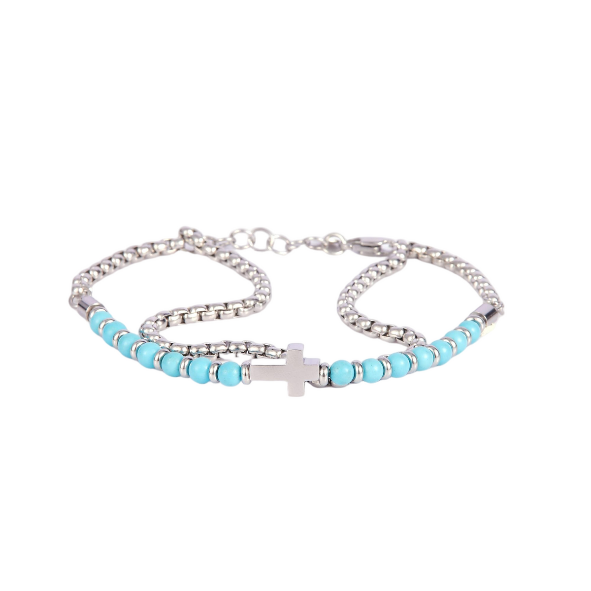 Stainless Steel Silver Tone Layered Popcorn Chain and Turquoise Bead Bracelet with Cross