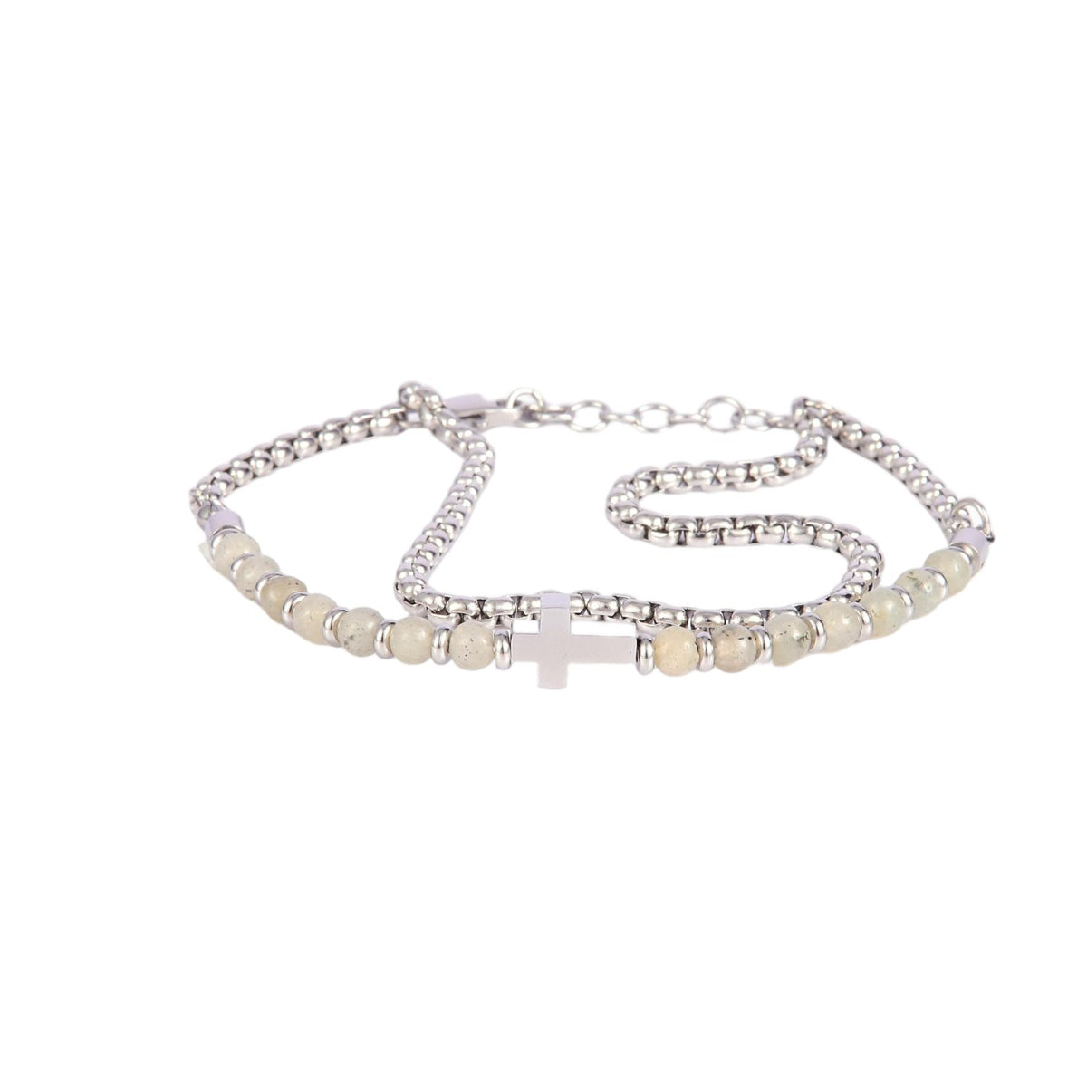 Stainless Steel Silver Tone Layered Popcorn Chain and White Bead Bracelet with Cross