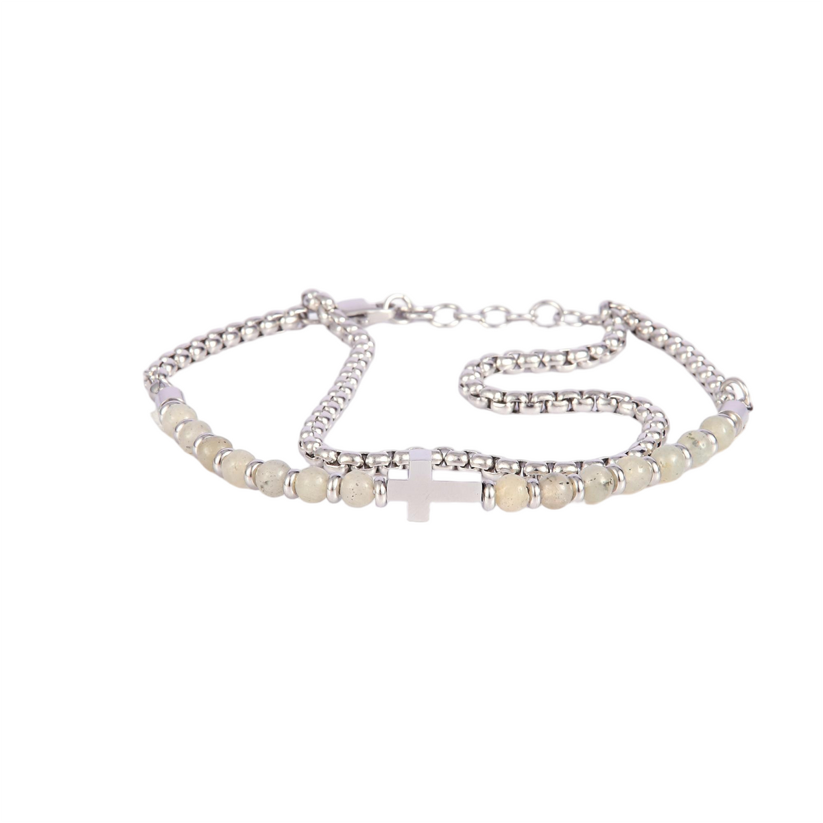 Stainless Steel Silver Tone Layered Bracelet with Cross and Stone Beads