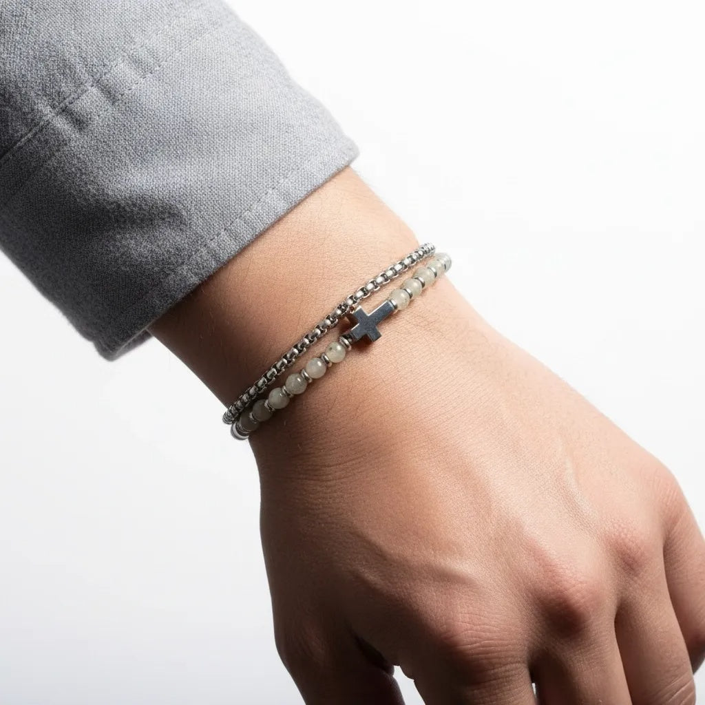 Stainless Steel Silver Tone Layered Popcorn Chain and White Bead Bracelet with Cross