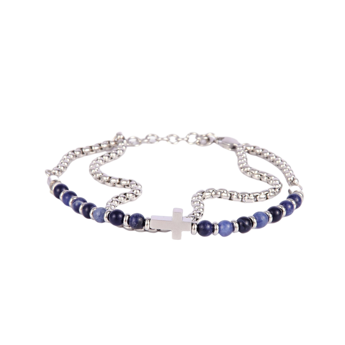 Necklace with blue beads and a silver cross on a white background