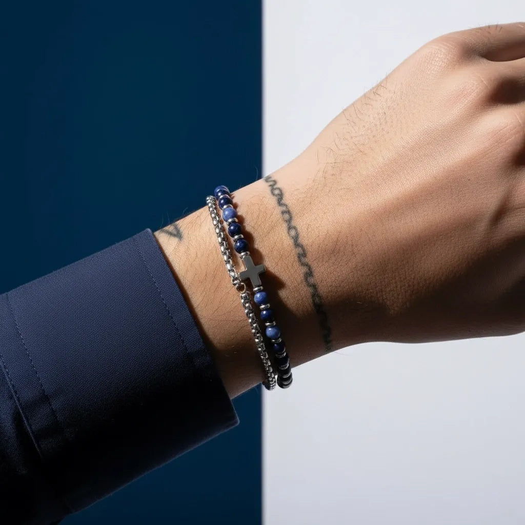 Stainless Steel Silver Tone Layered Bracelet with Cross and Blue Stone Beads