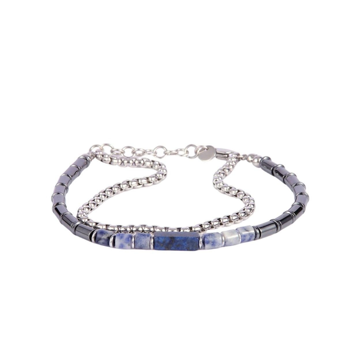 Stainless Steel Silver Tone Dual Layer Blue Bead ID Plate Bracelet