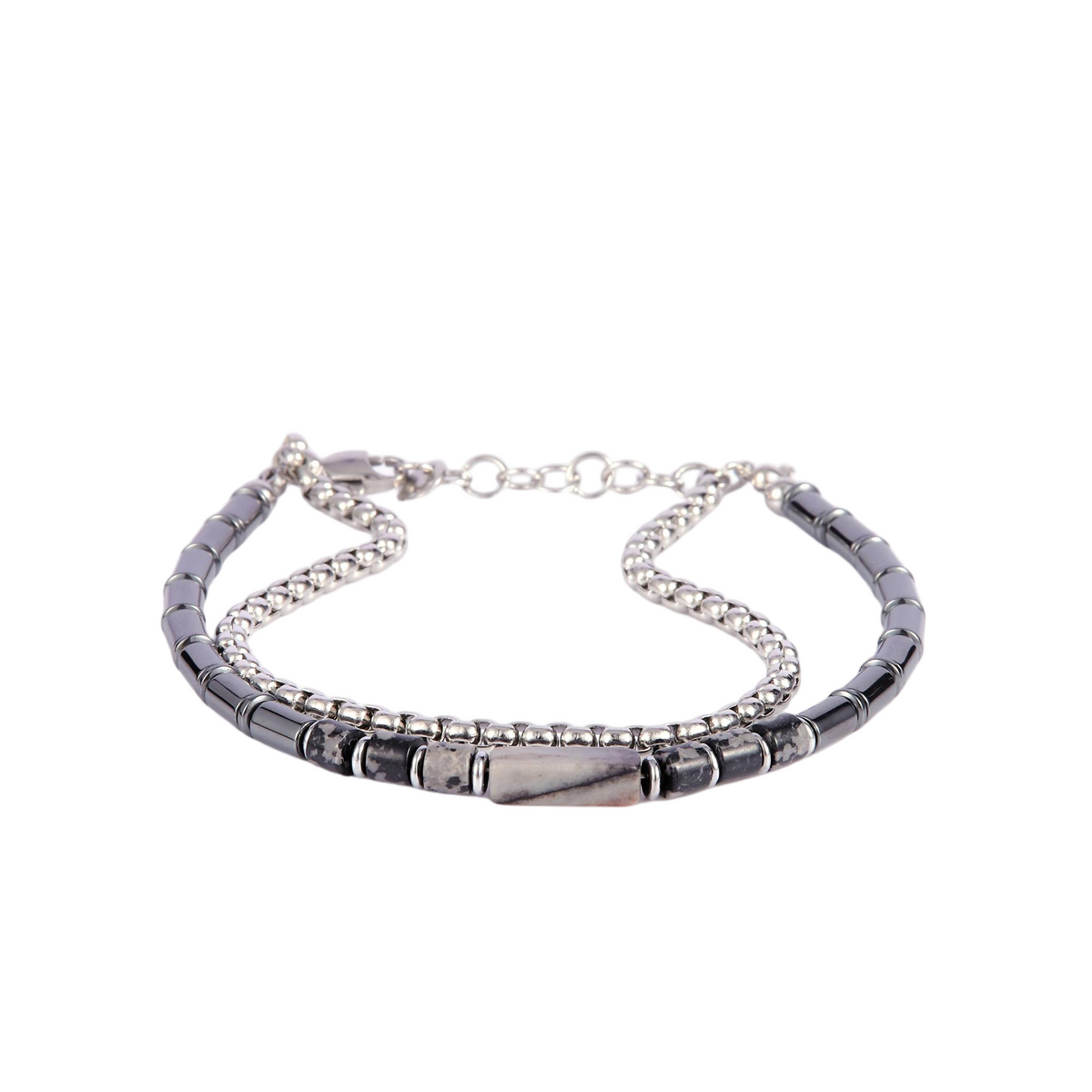 Silver bracelet with black beads on a white background