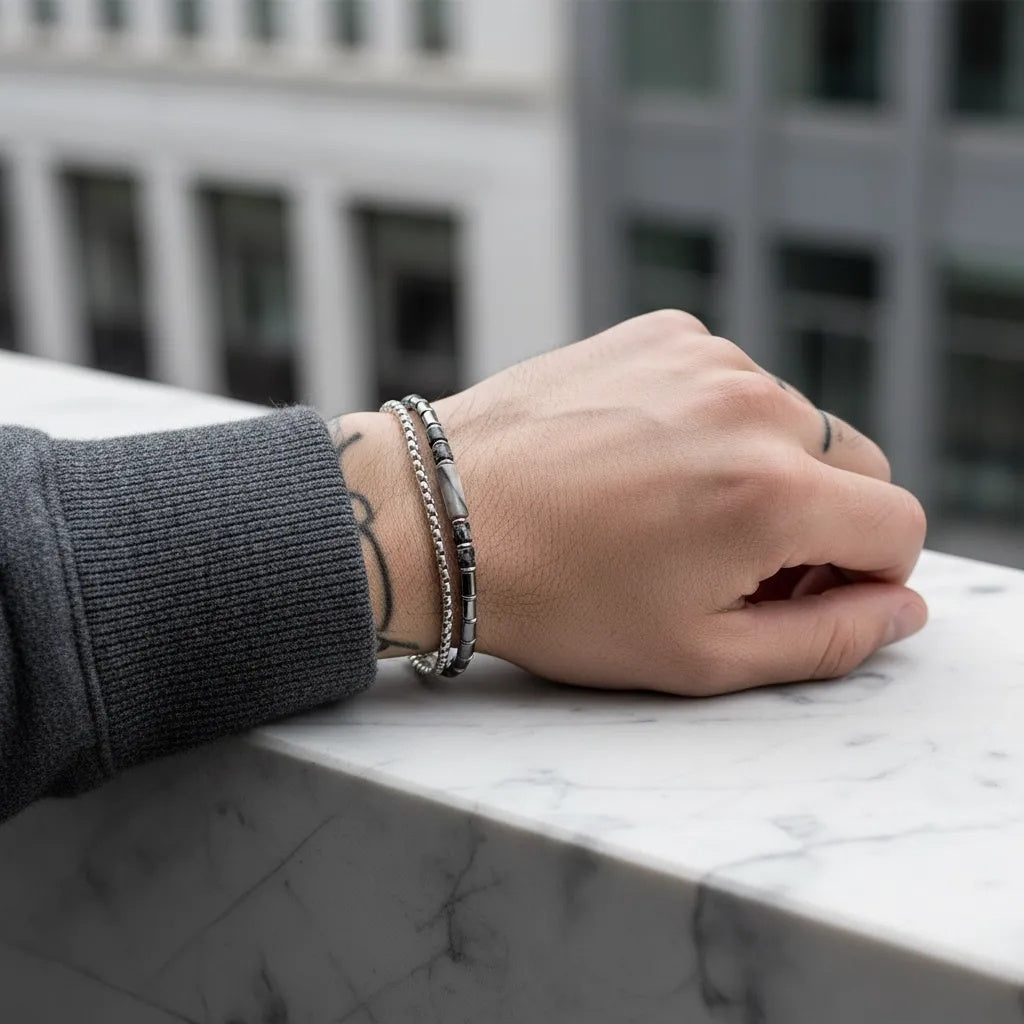 Hand with bracelets on a marble ledge with a blurred cityscape background
