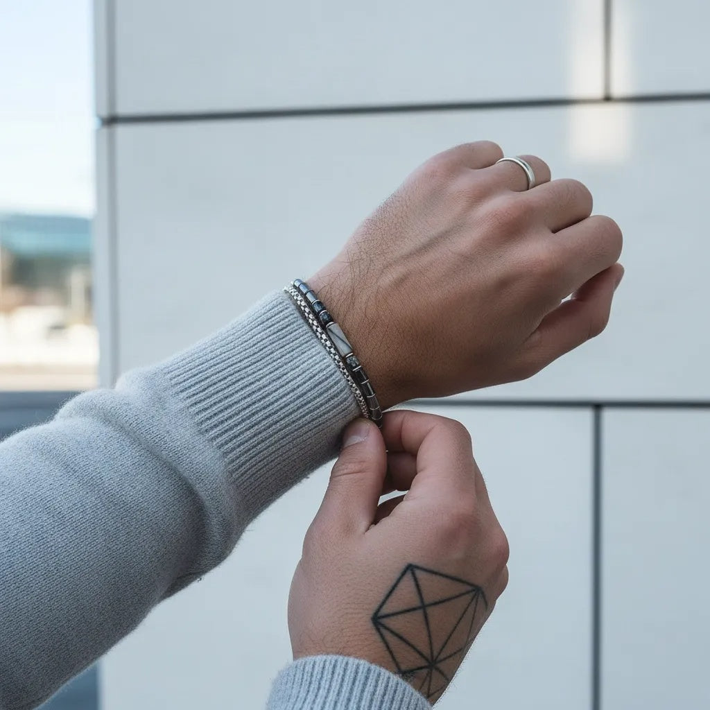 Person wearing a bracelet on a wrist with a blurred background