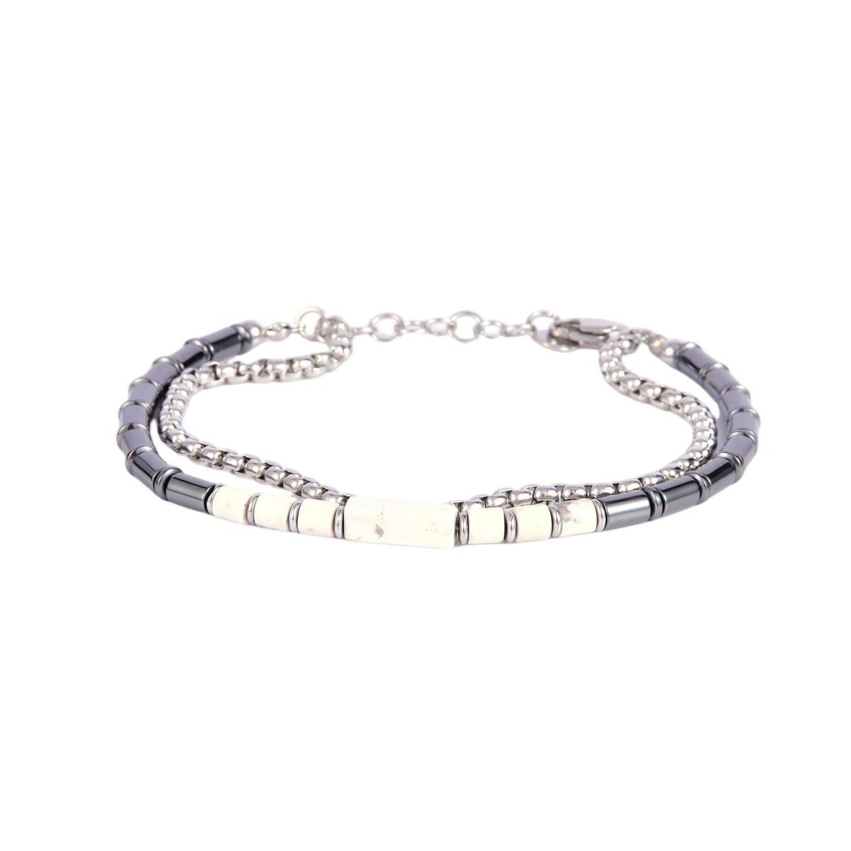 Stainless Steel Silver Tone Dual Layer Blue Bead ID Plate Bracelet