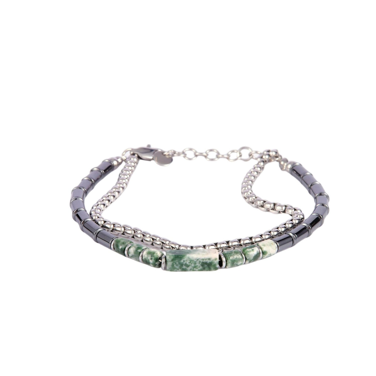 Stainless Steel Silver Tone Dual Layer Blue Bead ID Plate Bracelet