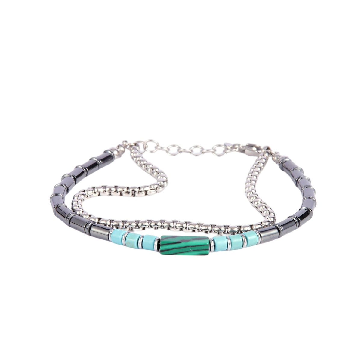 Stainless Steel Silver Tone Dual Layer Blue Bead ID Plate Bracelet