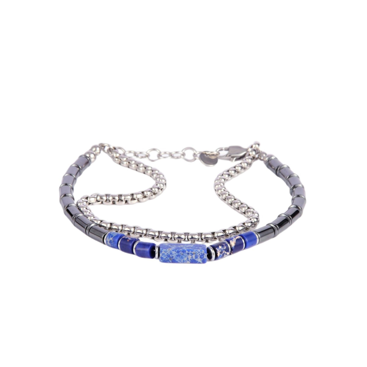 Stainless Steel Silver Tone Dual Layer Blue Bead ID Plate Bracelet