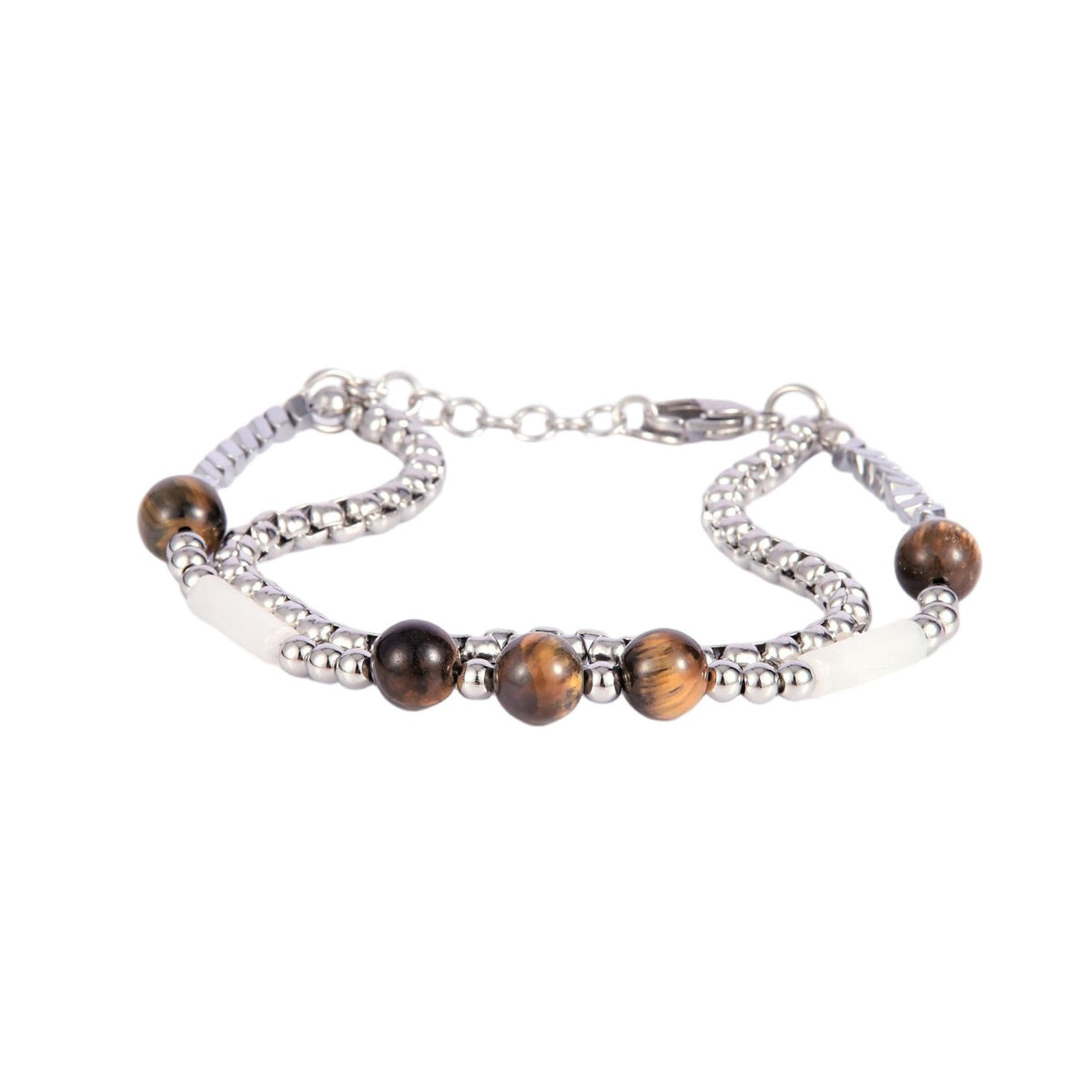 Stainless Steel Silver Tone Link Bracelet with Tiger's Eye