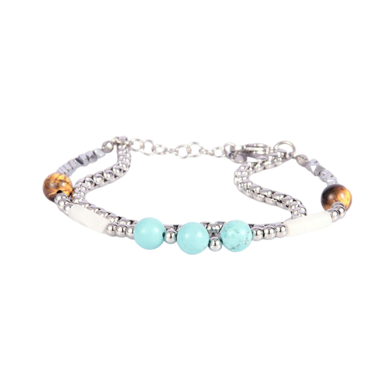 Stainless Steel Silver Tone Link Bracelet with Tiger's Eye