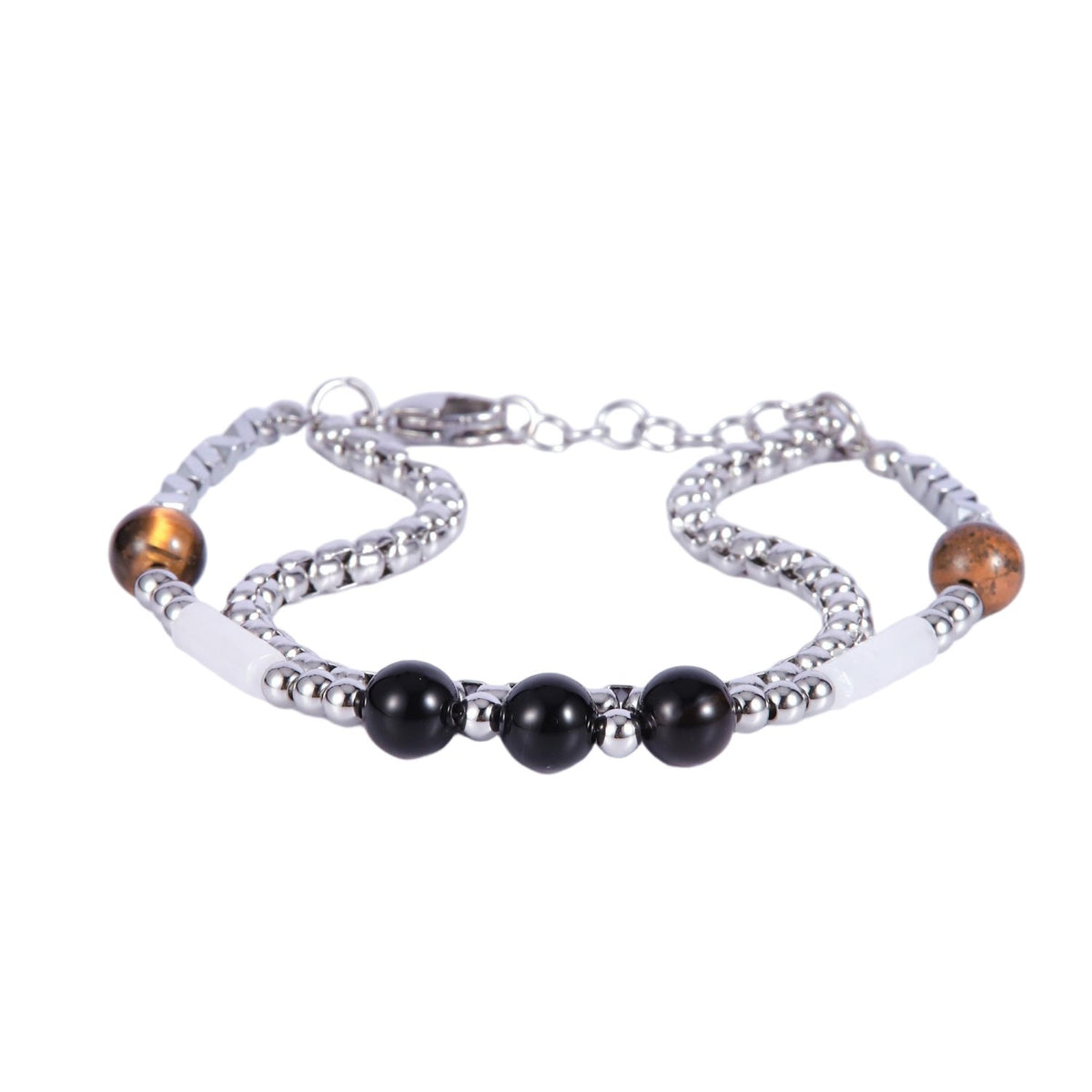Stainless Steel Silver Tone Link Bracelet with Tiger's Eye