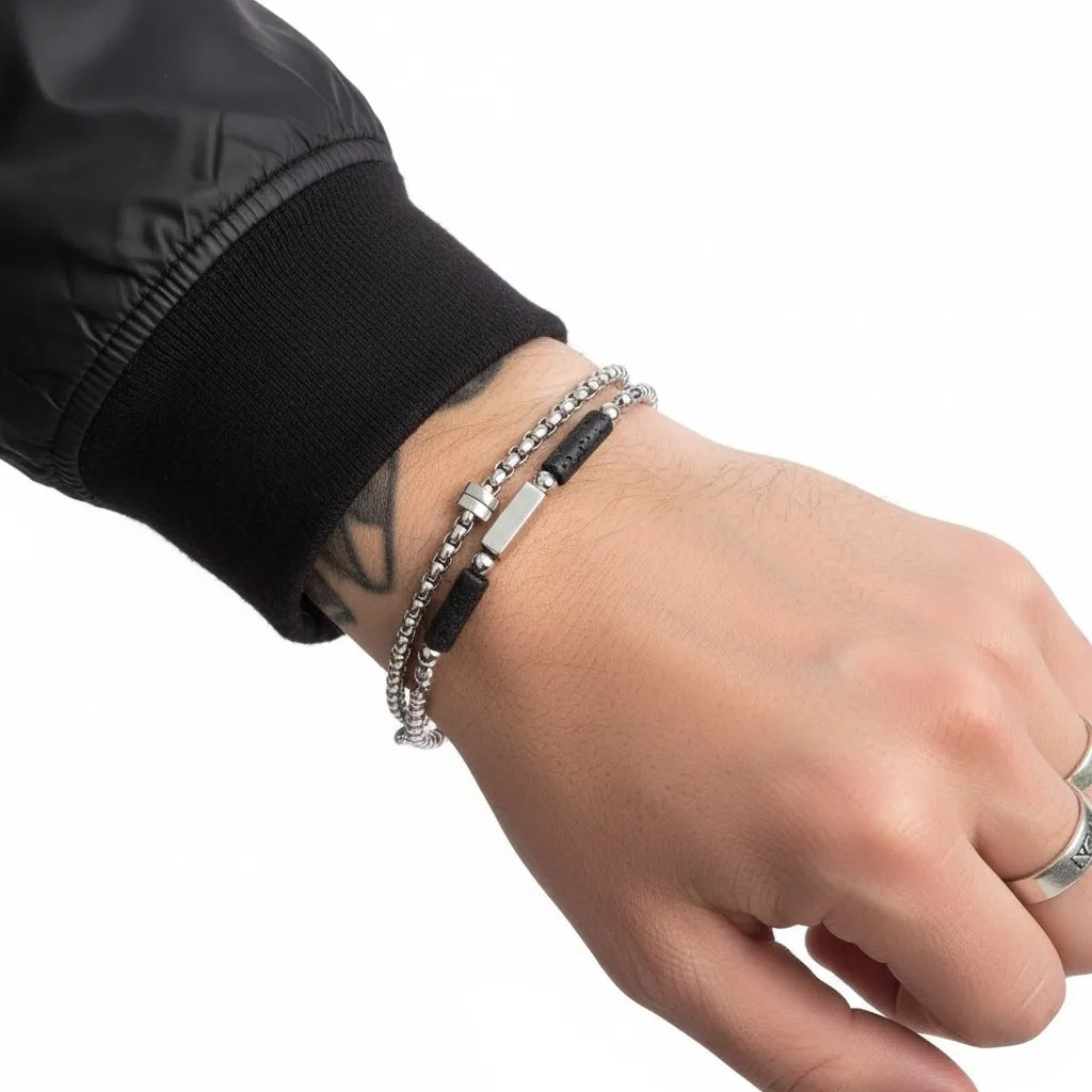 Stainless Steel Layered Curb Chain and Bead Bracelet
