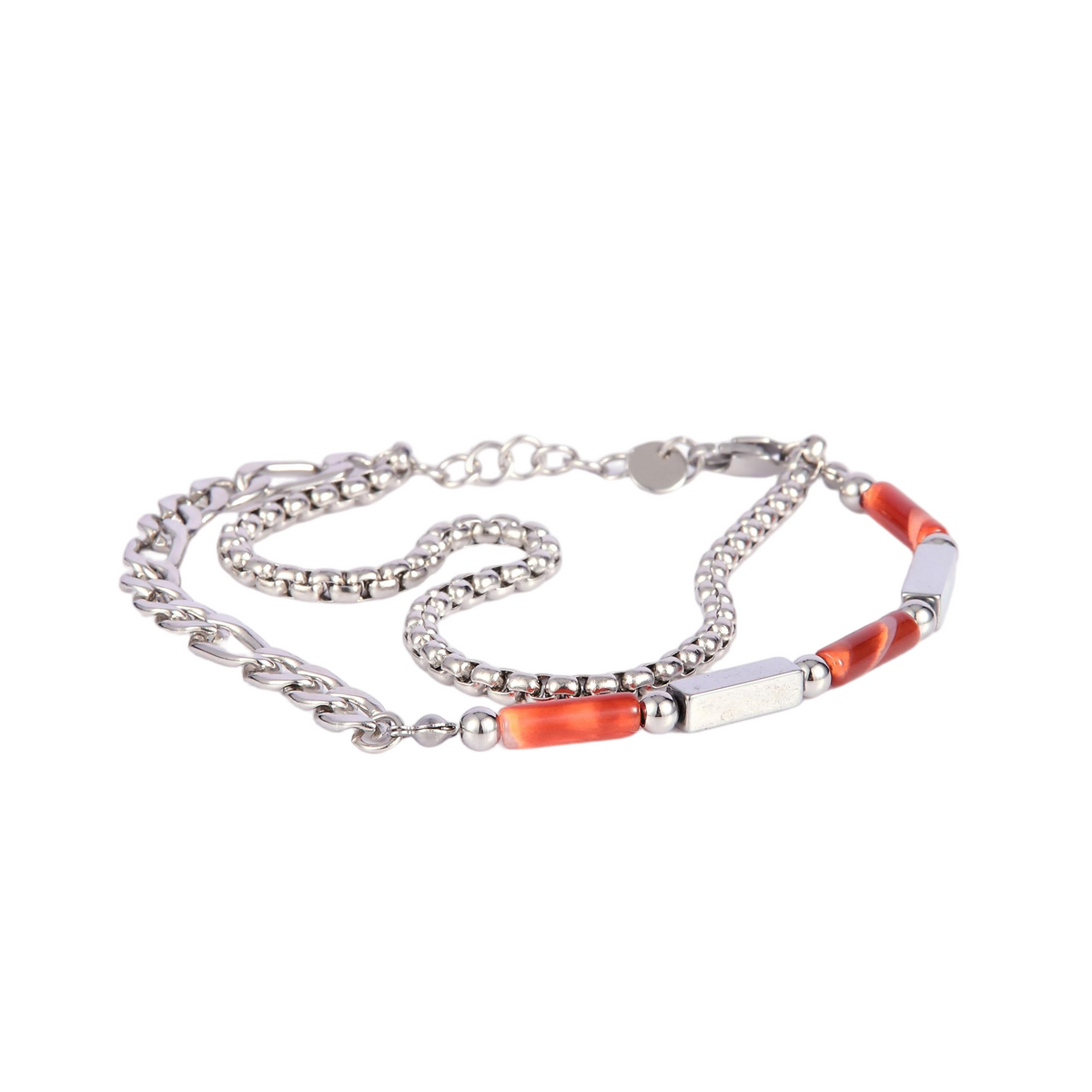 Stainless Steel Layered Curb Chain and Bead Bracelet