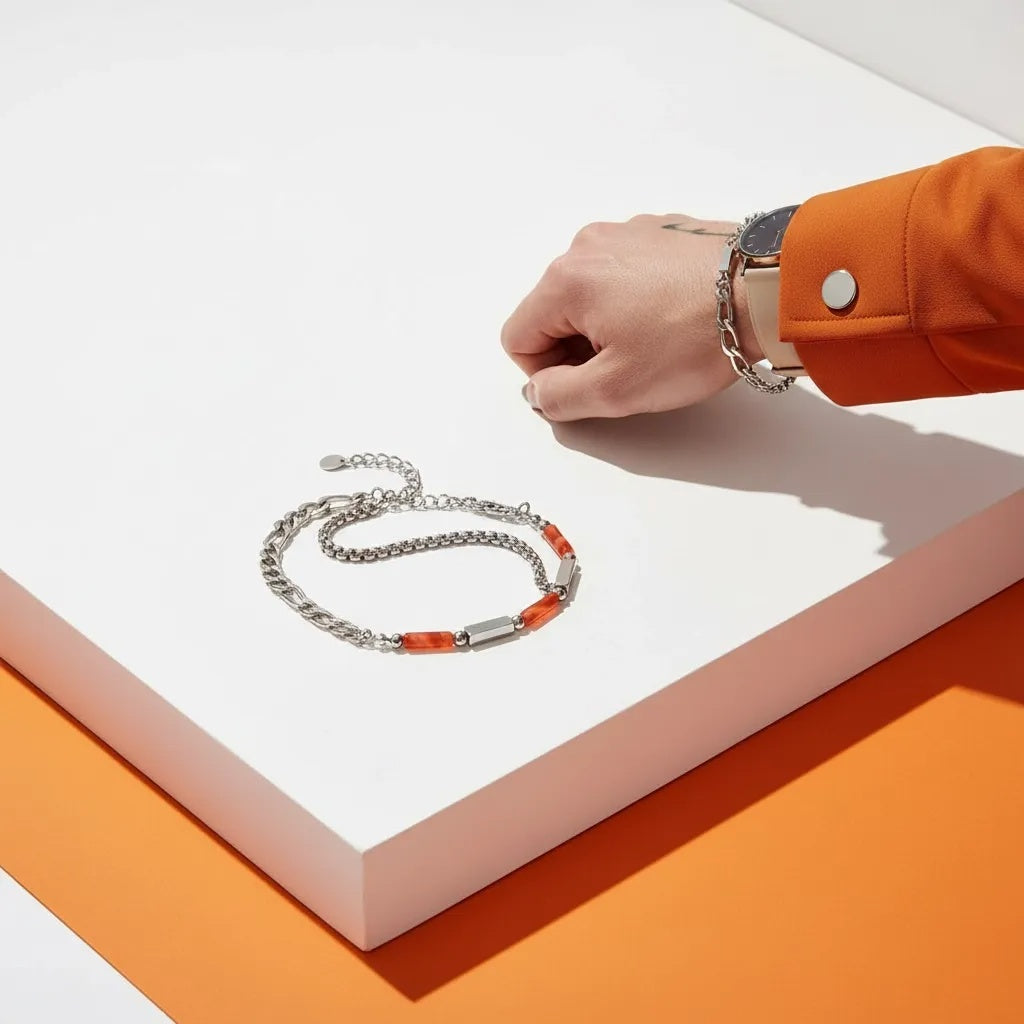 Stainless Steel Layered Curb Chain and Bead Bracelet