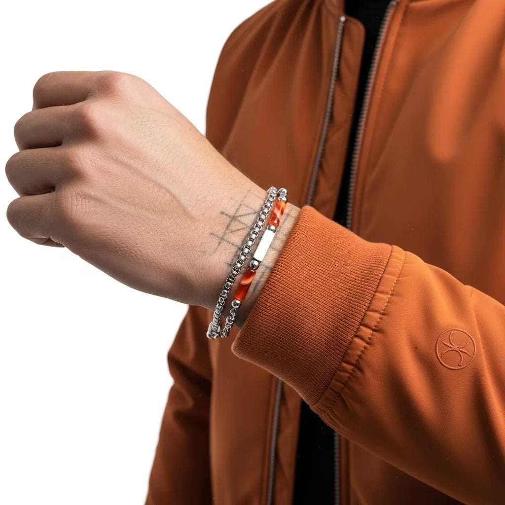 Stainless Steel Layered Curb Chain and Bead Bracelet