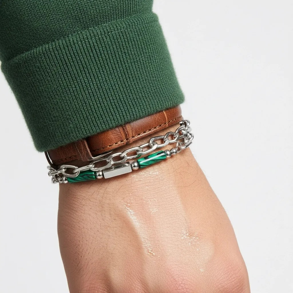 Stainless Steel Layered Curb Chain and Bead Bracelet