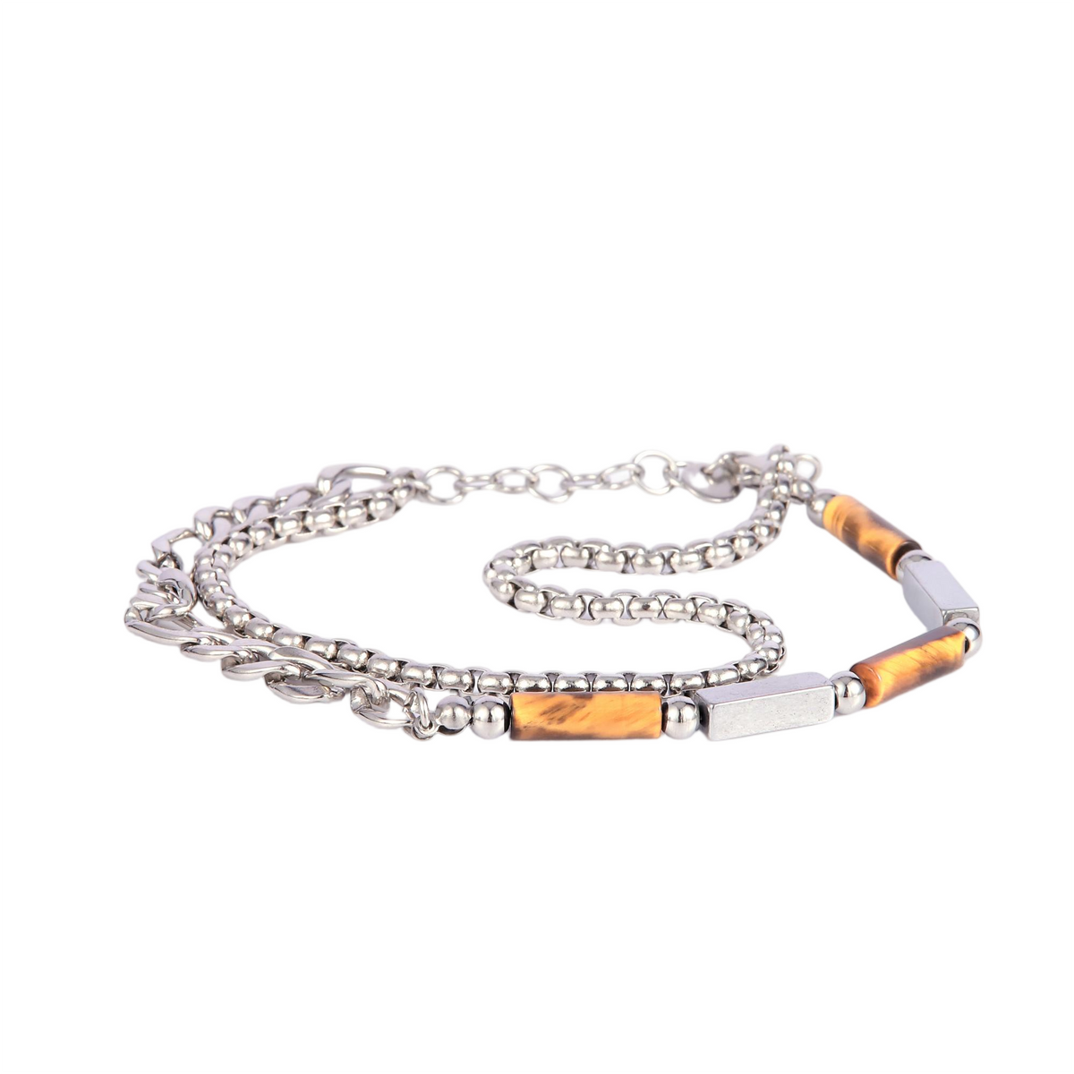 Stainless Steel Layered Curb Chain and Bead Bracelet