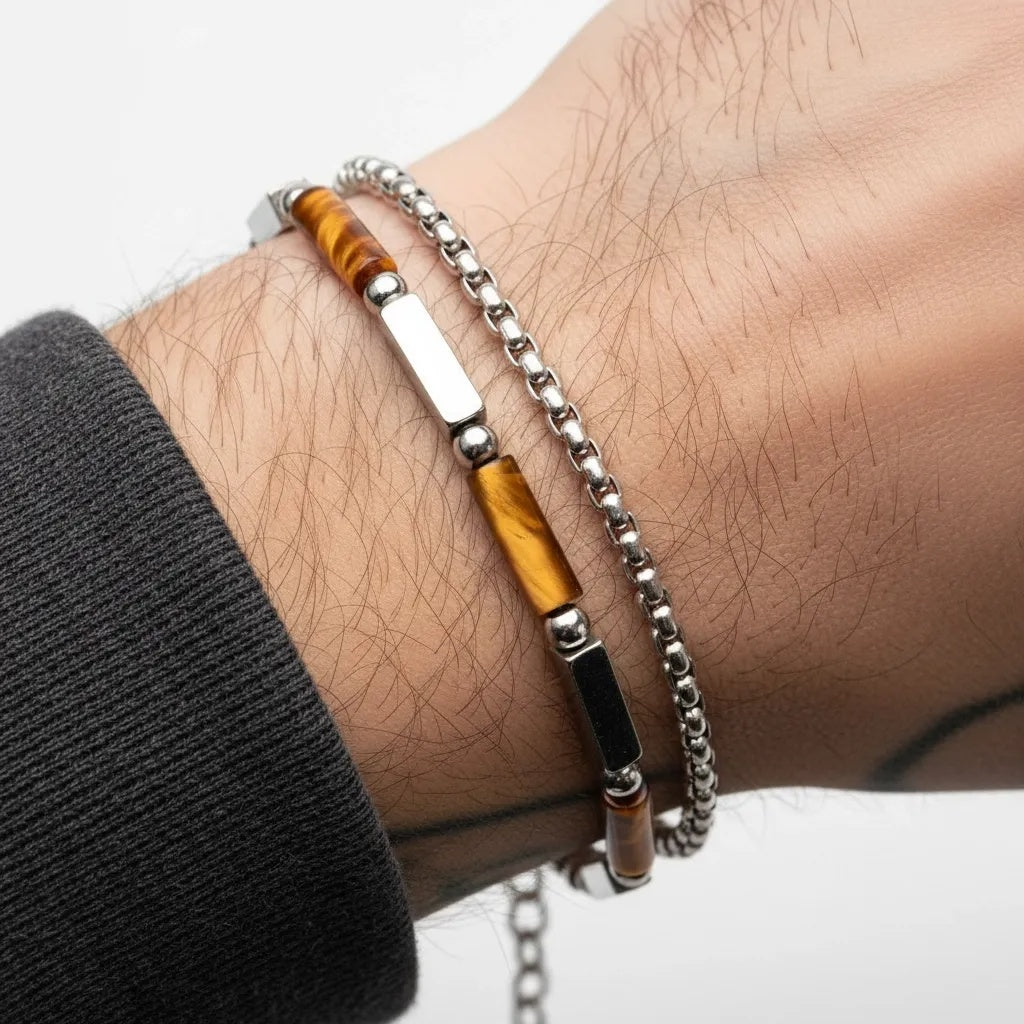 Stainless Steel Layered Curb Chain and Bead Bracelet