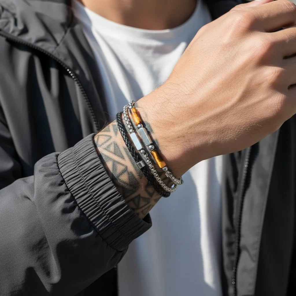 Stainless Steel Layered Curb Chain and Bead Bracelet