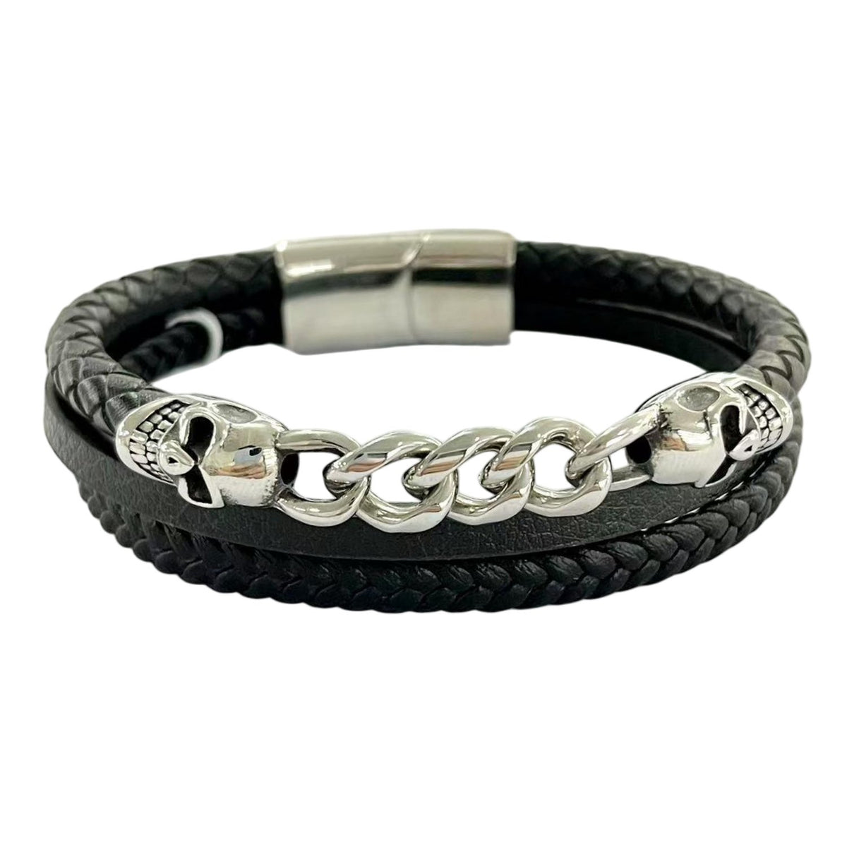Stainless Steel Silver Tone Skull Link Black Leather Multi Strand Bracelet