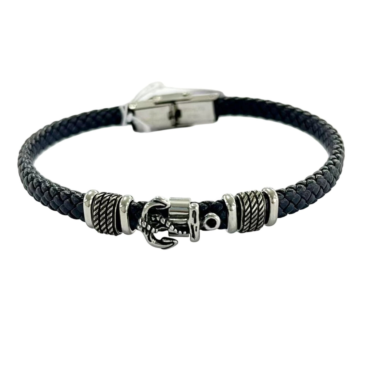 Stainless Steel Silver Tone Braided Cord and Anchor Clasp Bracelet