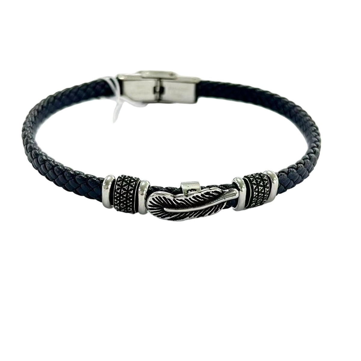 Stainless Steel Silver Tone Braided Leather Bracelet with Feather Charm