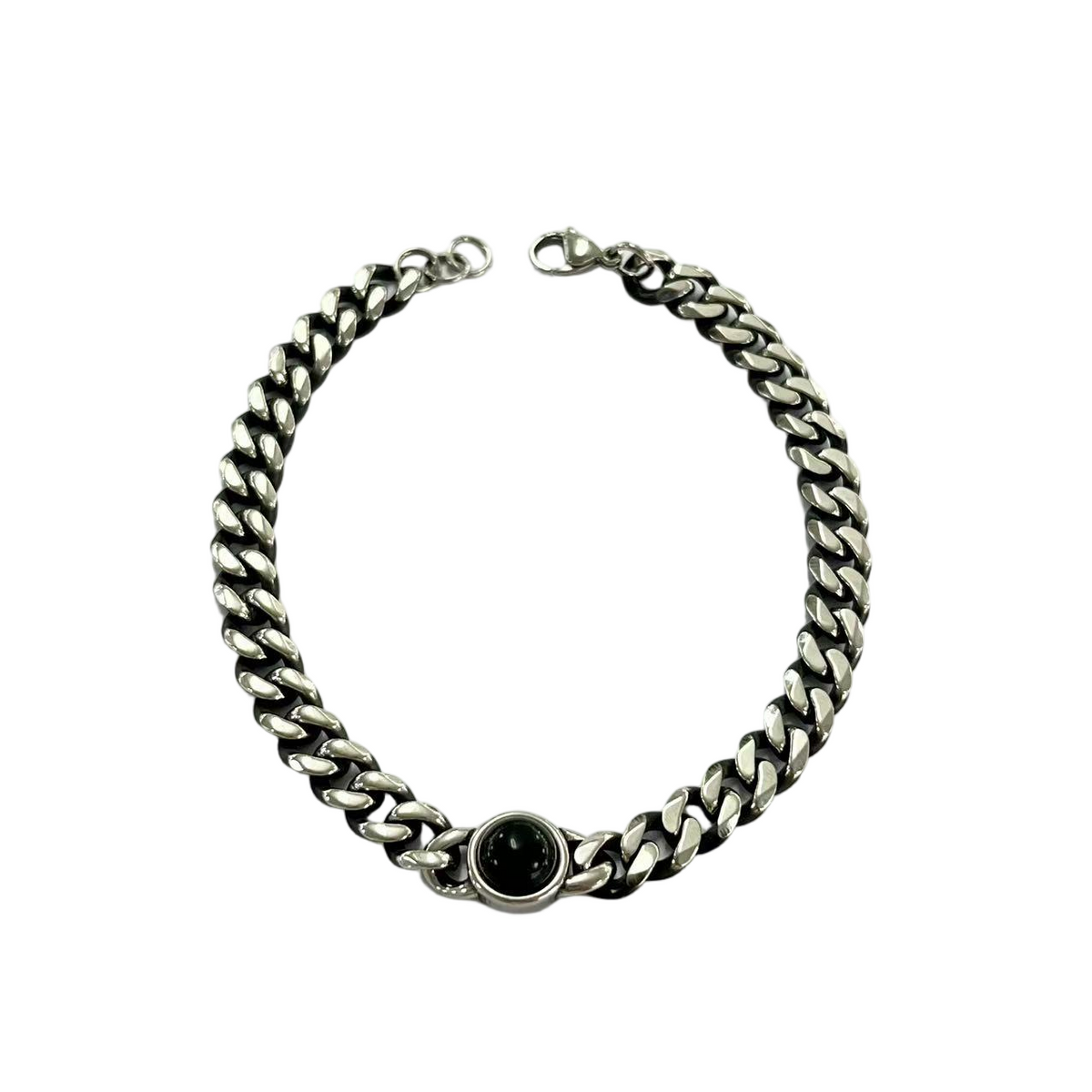 Stone Accent Stainless Steel Curb Chain Bracelet