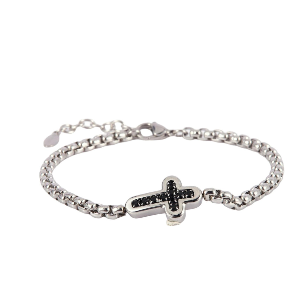 Stainless Steel Silver Tone Box Chain Bracelet with Black Cross