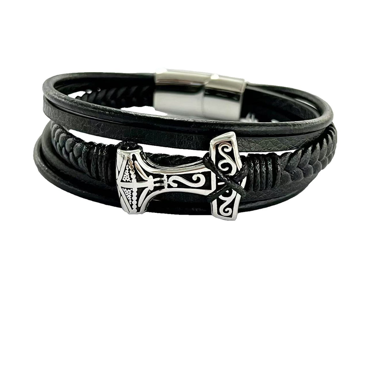 Stainless Steel Silver Tone Multi Strand Cord Bracelet with Cross and Shield Charms