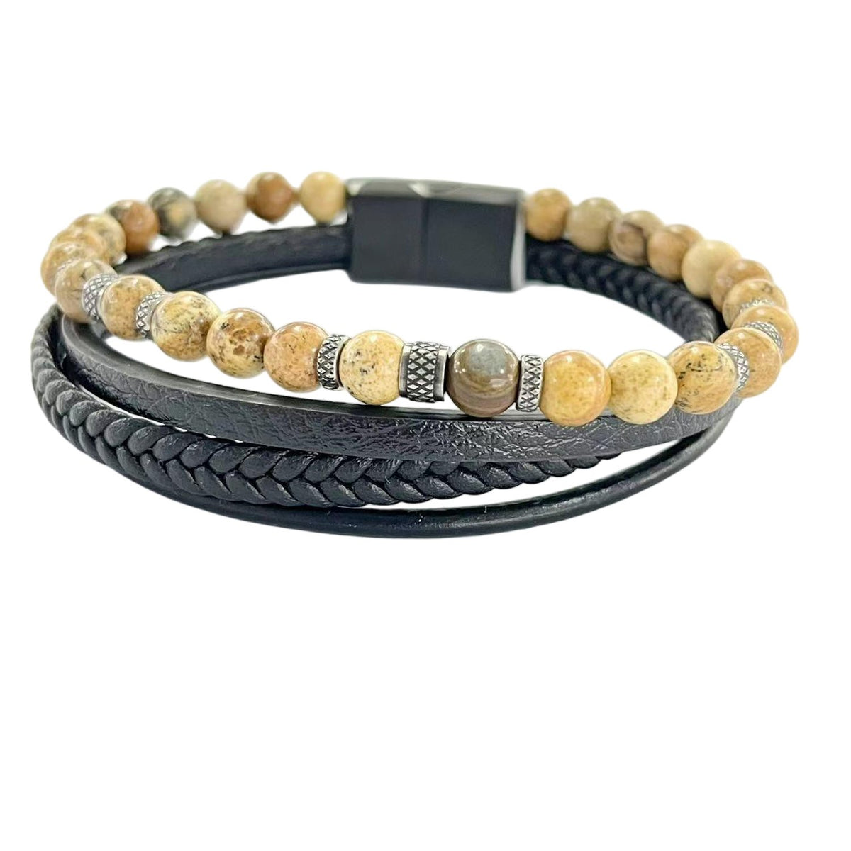 Stainless Steel Black Plated Jasper Bead and Braided Cord Multi Strand Bracelet