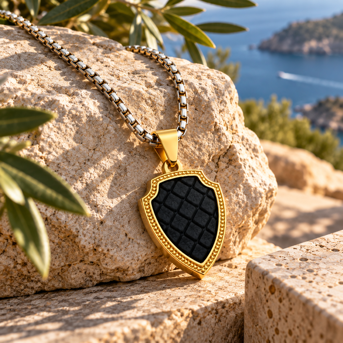 Shield Pendant Necklace with Leather Accents