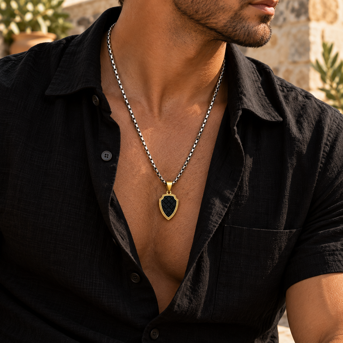 Shield Pendant Necklace with Leather Accents