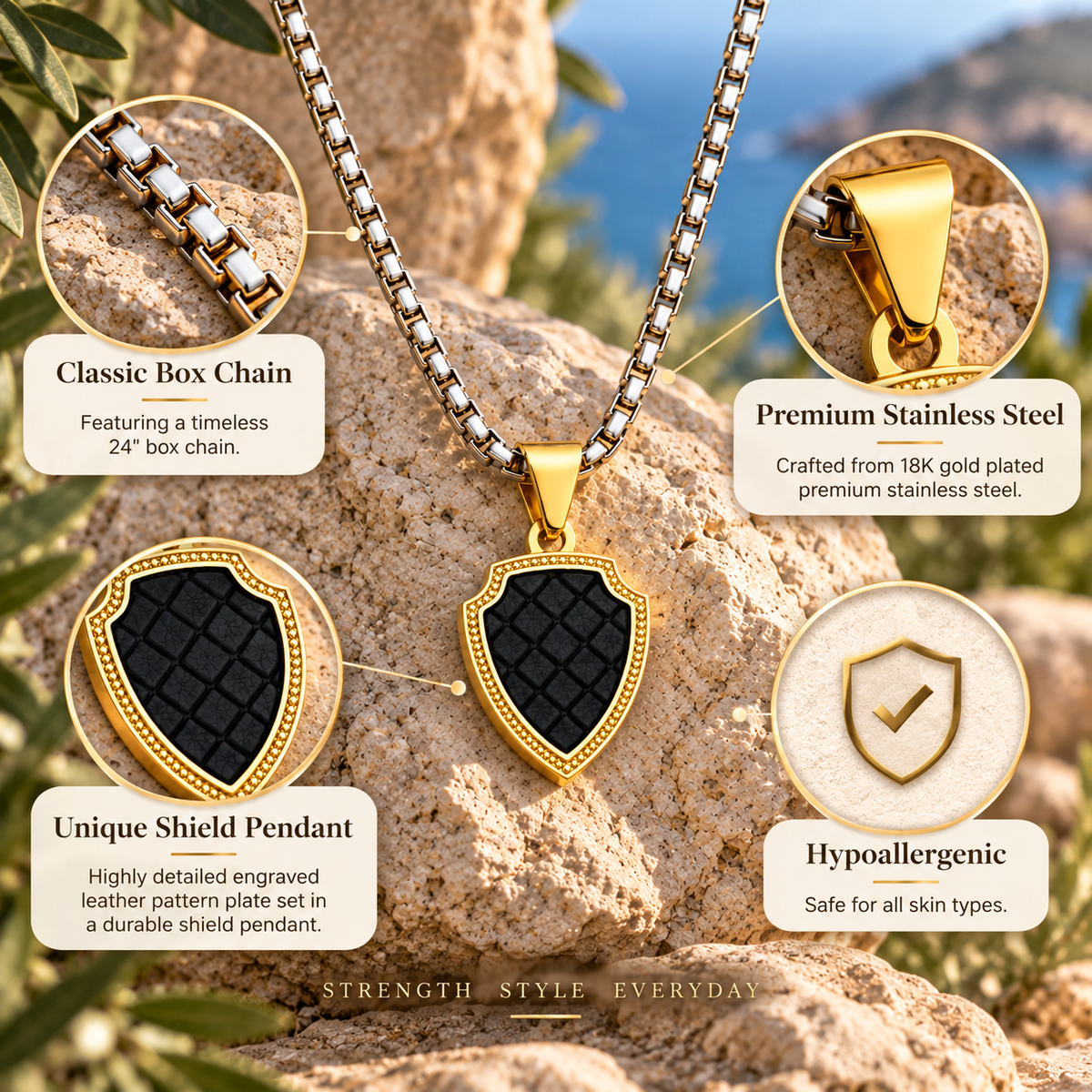 Shield Pendant Necklace with Leather Accents