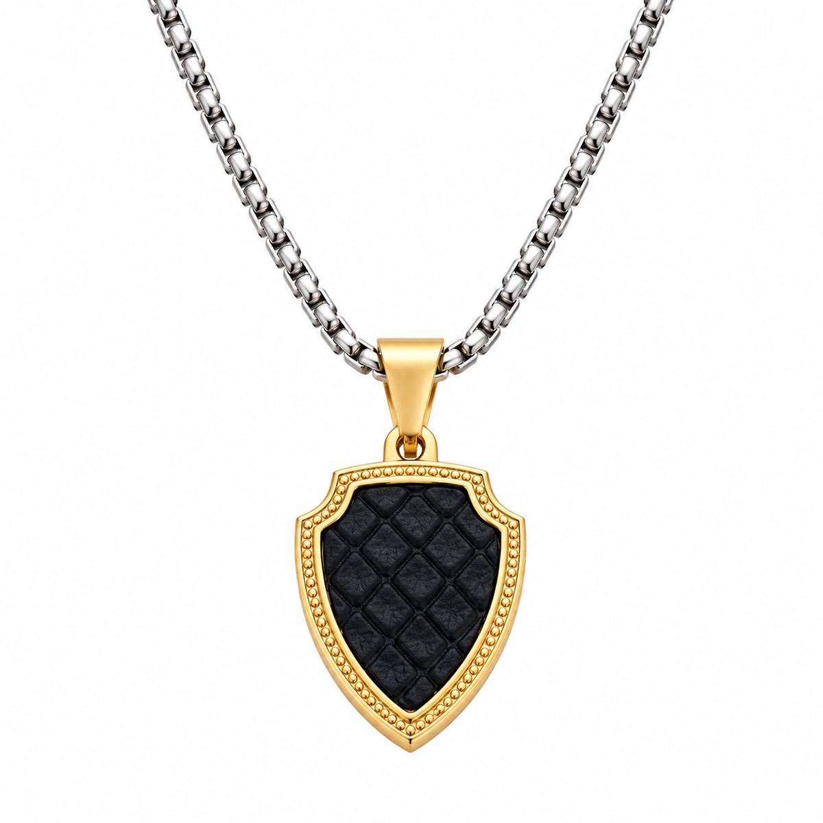 Shield Pendant Necklace with Leather Accents