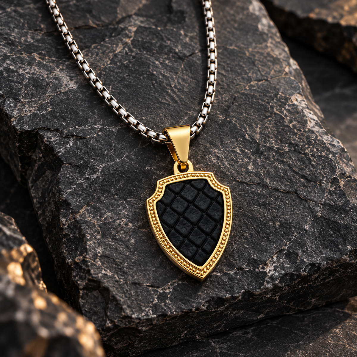 Shield Pendant Necklace with Leather Accents