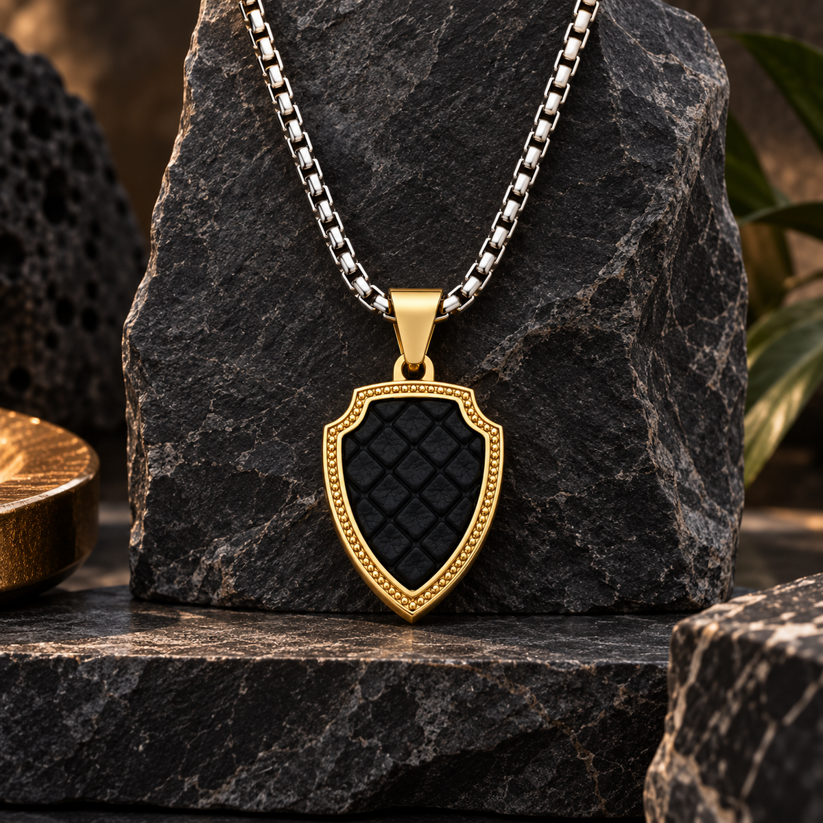 Shield Pendant Necklace with Leather Accents