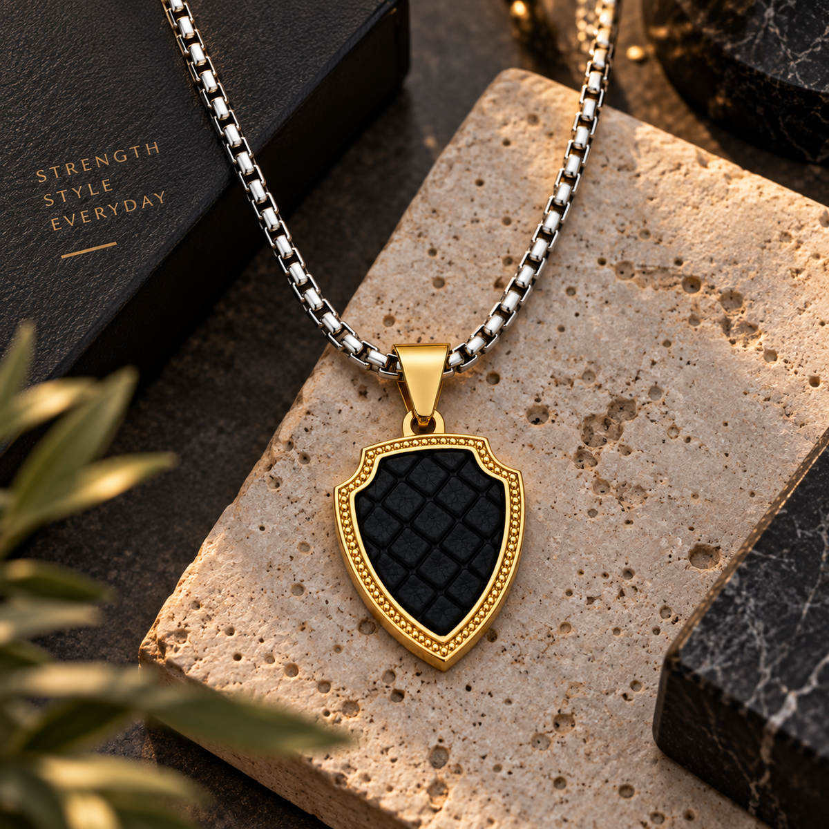 Shield Pendant Necklace with Leather Accents