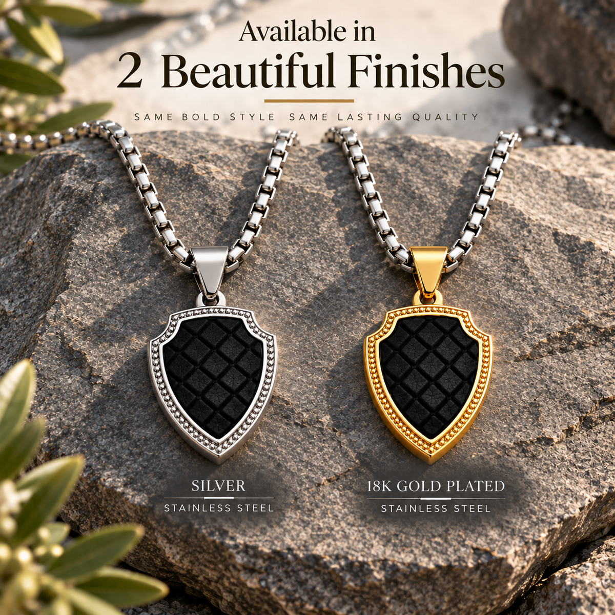 Shield Pendant Necklace with Leather Accents