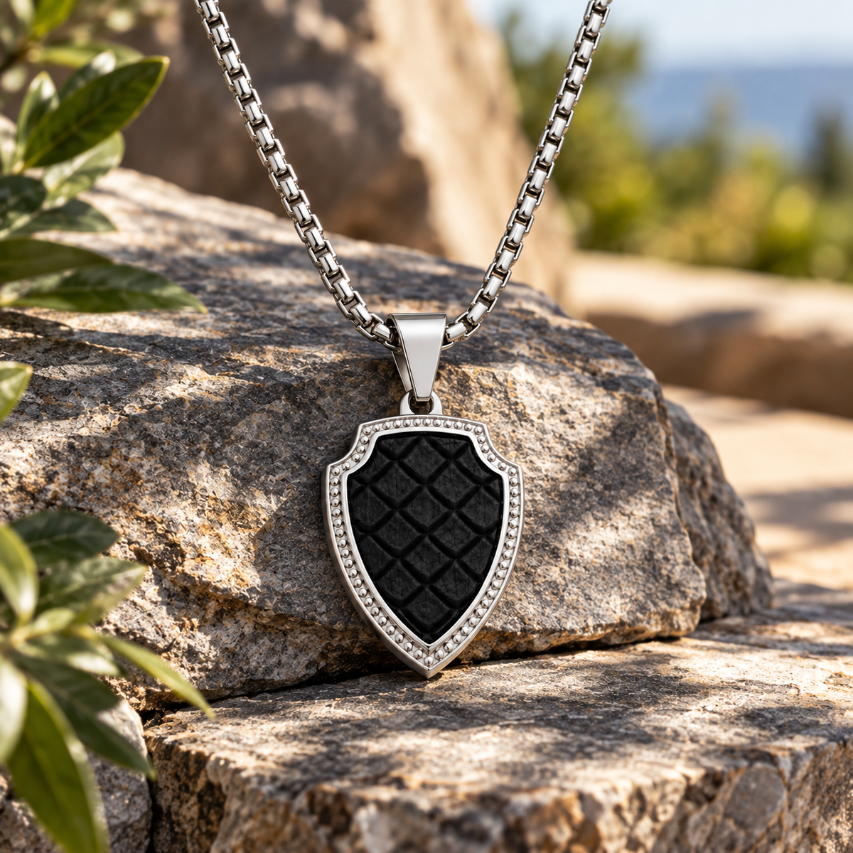 Shield Pendant Necklace with Leather Accents