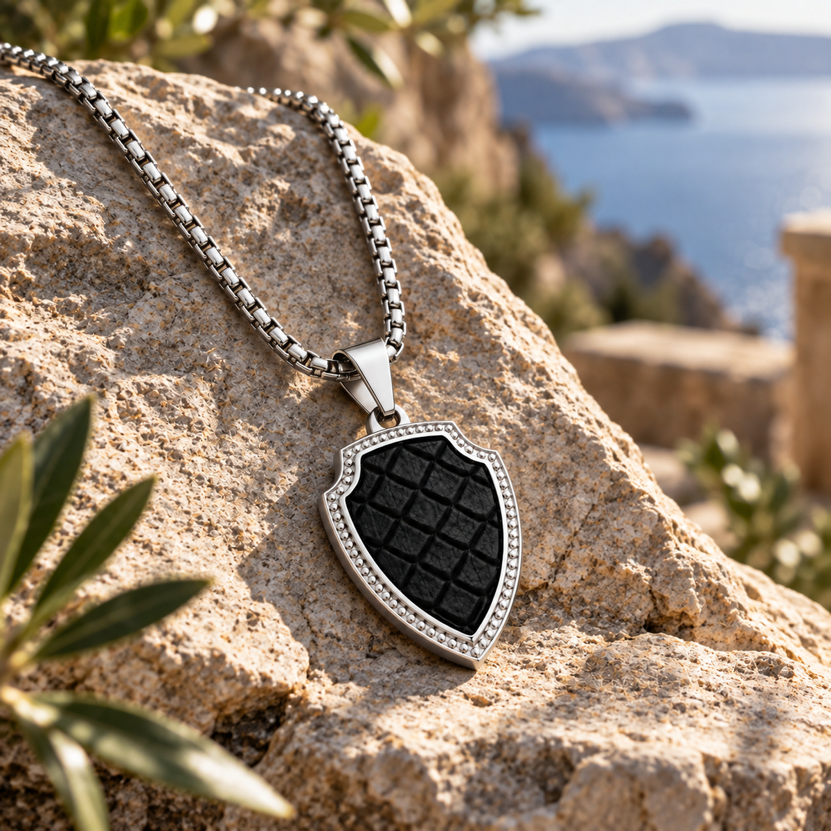 Shield Pendant Necklace with Leather Accents