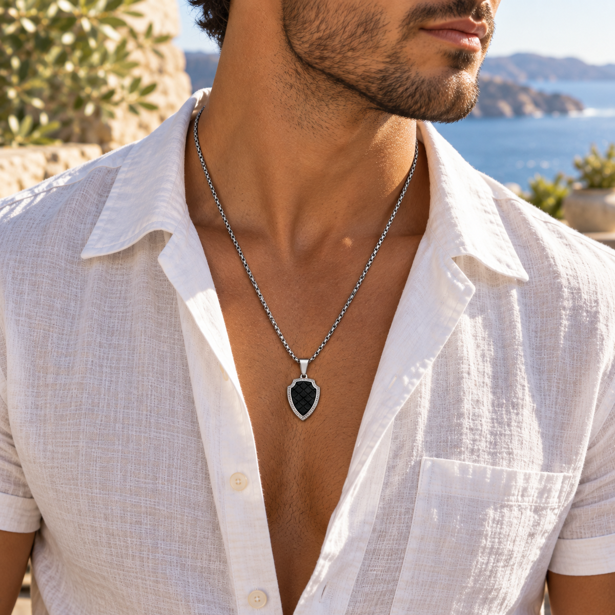 Shield Pendant Necklace with Leather Accents