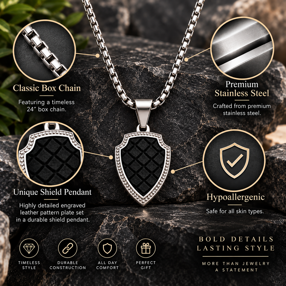 Shield Pendant Necklace with Leather Accents